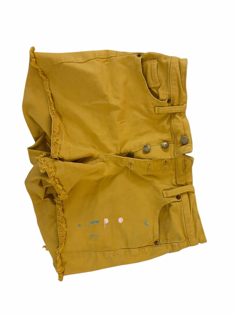 Universal Thread Mustard Yellow Denim Distressed Jean Shorts some paint on them
